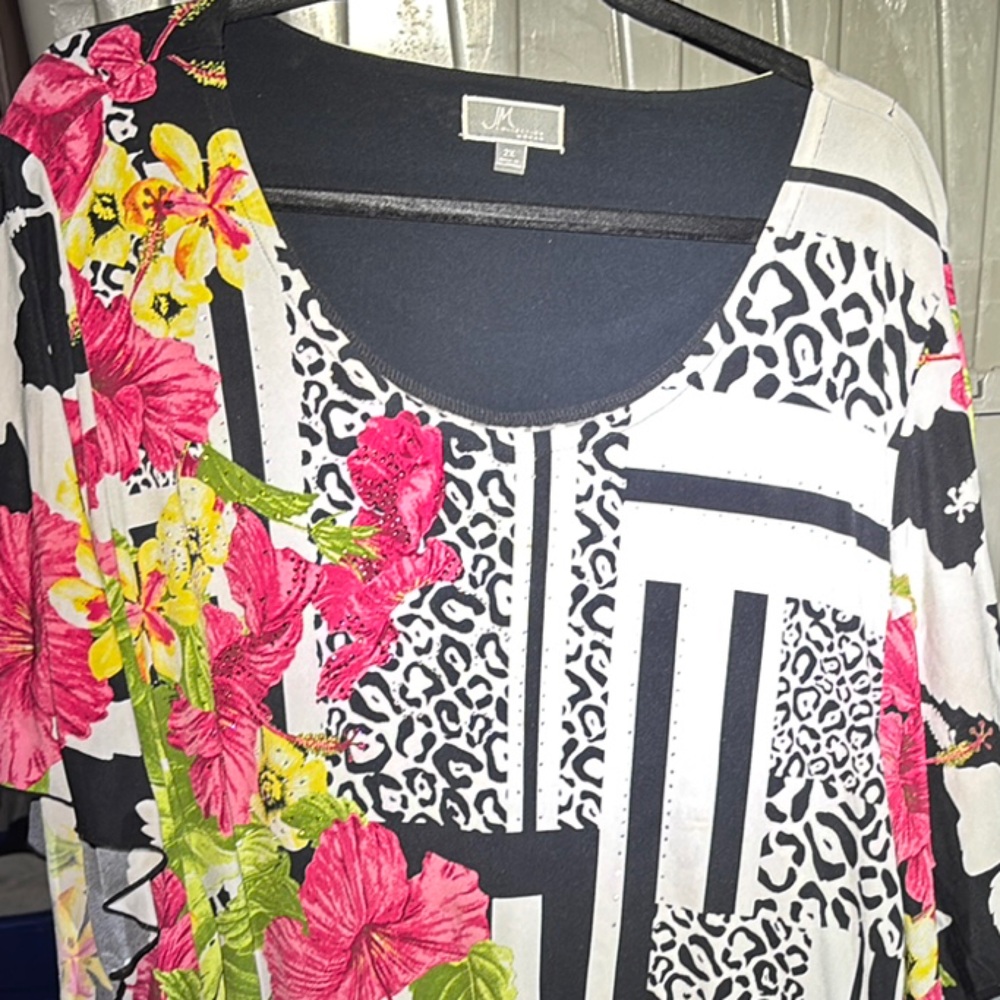 JM Collection Relaxed Pink and Green Graphic Blouse